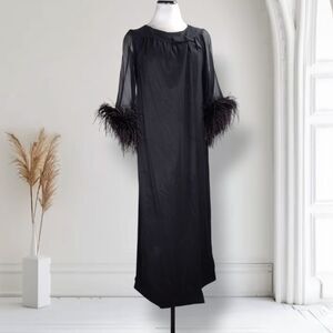 Vintage 60s Ostrich Feather Trim Silk Wrap Dress Size S Black Resort Relaxed Fit